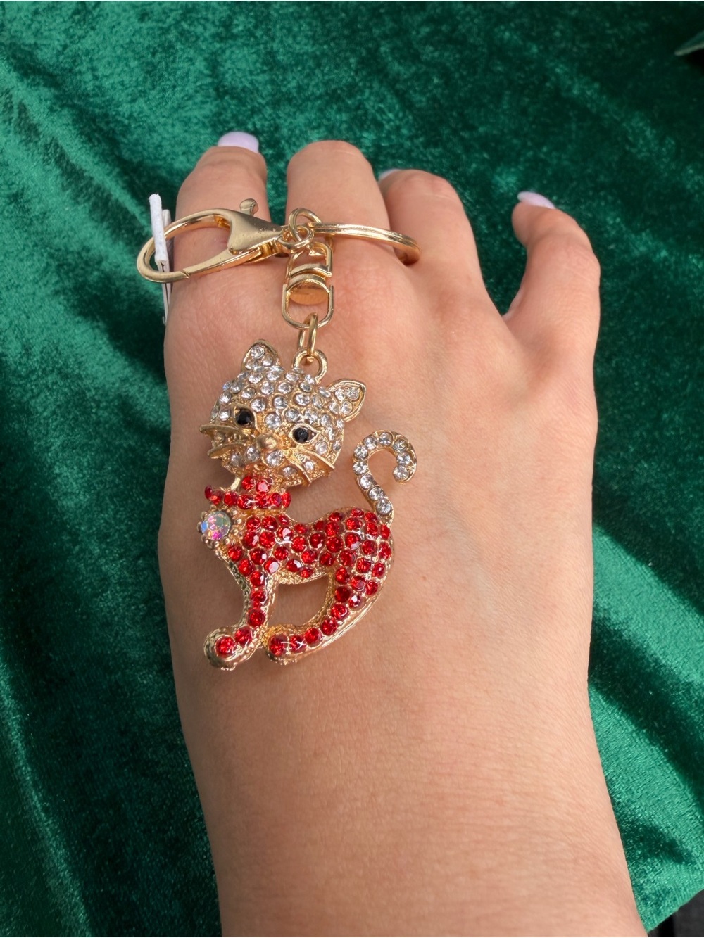 Gold Cat Keychain Charm with Red Crystal Accents